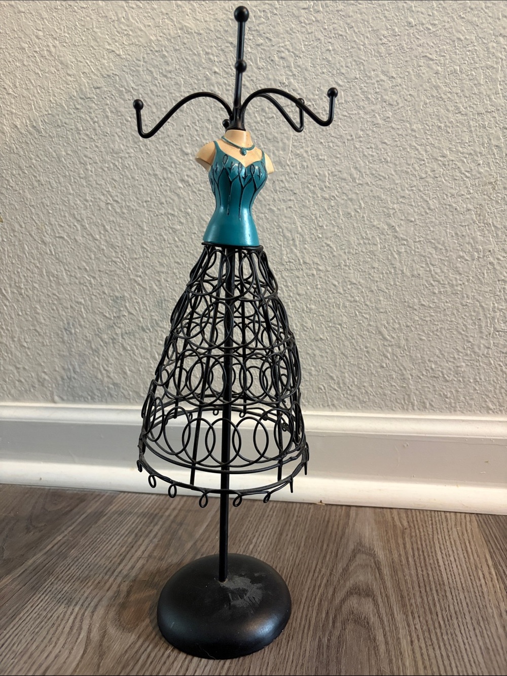 Teal Dress Form Jewelry Stand with Black Wire Skirt